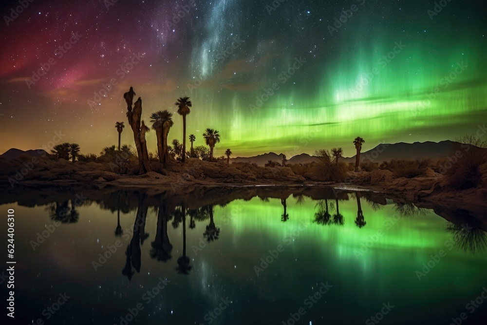 Wall mural aurora reflecting in desert oasis at night, created with generative ai