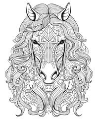 Mandala, black and white illustration for coloring animals, horse.