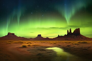 desert landscape illuminated by magical aurora borealis, created with generative ai