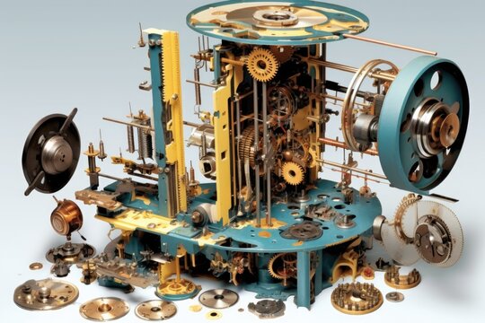 exploded view of complex clock mechanism parts, created with generative ai