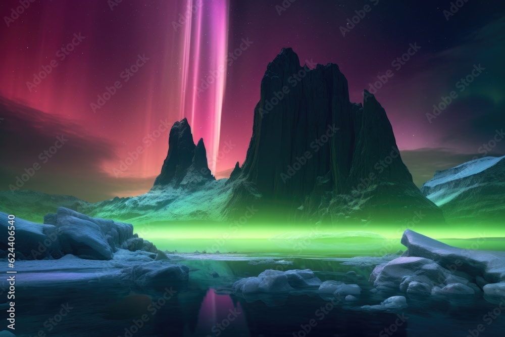 Wall mural a vibrant aurora on a mars-like planet with rocky terrain, created with generative ai