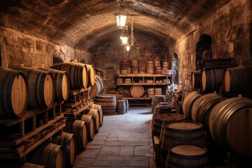 barrels stacked in rustic wine cellar, created with generative ai