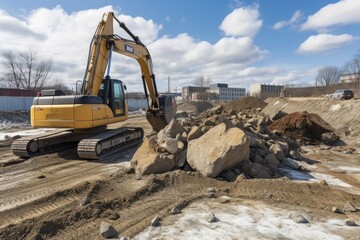 Obraz premium excavator moving large rocks and debris in construction site, created with generative ai