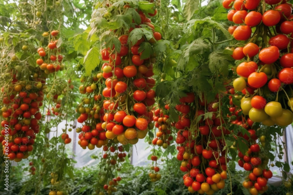 Poster hydroponic tomato plants with ripe fruits hanging, created with generative ai