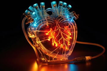 artificial bionic heart with glowing led lights, created with generative ai