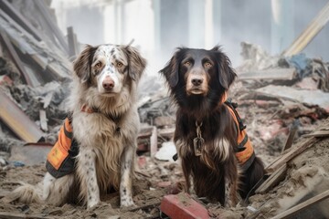 search and rescue dogs sniffing through rubble, created with generative ai