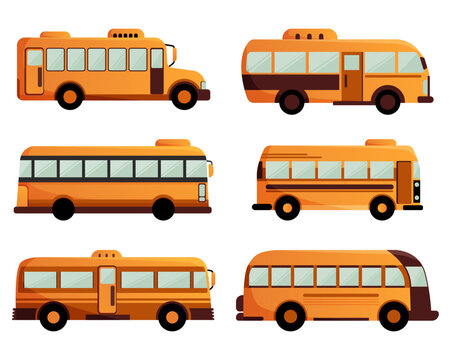Yellow School Bus Different models, Cartoon Back to school concept. Vector illustration