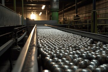 aluminum cans on a conveyor belt for production, created with generative ai