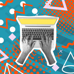 Contemporary art collage. Male hands typing on a laptop, working with financial analytics, growing virtual money.