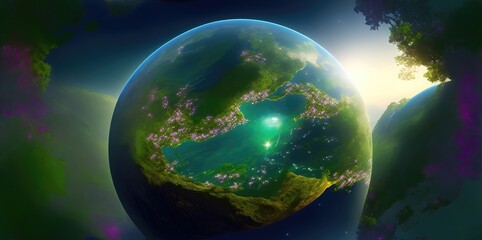 Abstract image of the globe on the background of a natural landscape.