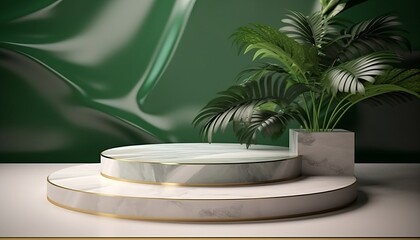 3d luxury marble podium and tropical leaves background. Copy space product presentation