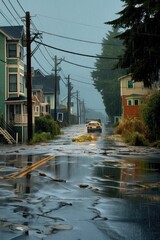 heavy rain and flooding on a coastal street, created with generative ai