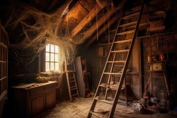 Obraz premium rustic ladder with cobwebs against attic hatch, created with generative ai