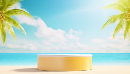 3d podium on yellow color and tropical beach with blue sky white clouds and palm leaves abstract background. Copy space of product presentation and summer nature concept