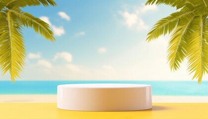 3d podium on yellow color and tropical beach with blue sky white clouds and palm leaves abstract background. Copy space of product presentation and summer nature concept