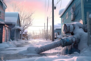frozen and burst pipe in a cold environment, created with generative ai