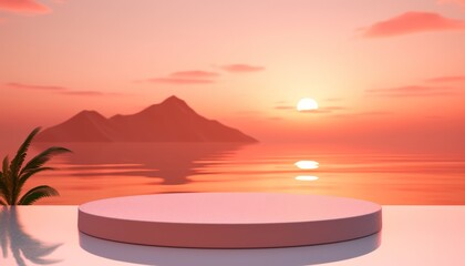3D podium with copy space for product display presentation on tropical sunset beach abstract background. Tropical summer and vacation concept
