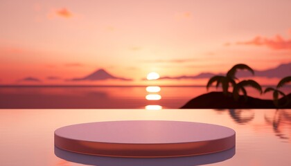 3D podium with copy space for product display presentation on tropical sunset beach abstract background. Tropical summer and vacation concept
