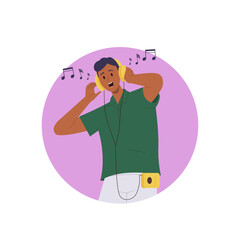 Joyful man cartoon character wearing headphones listening to music and dancing under favorite melody