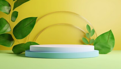 3d podium with green nature leaves on clean color abstract background. Copy space for product display presentation