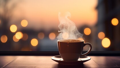 A cup of coffee in cafe with mornign bokeh light from window