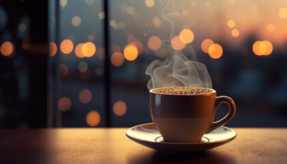 A cup of coffee in cafe with mornign bokeh light from window