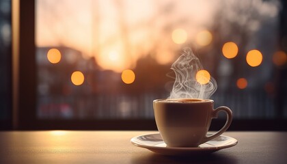 A cup of coffee in cafe with mornign bokeh light from window