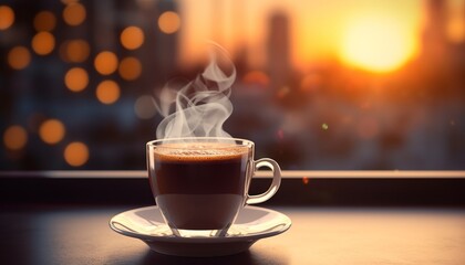A cup of coffee in cafe with mornign bokeh light from window