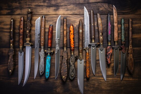 collection of unique handmade knives on a rustic wooden table, created with generative ai