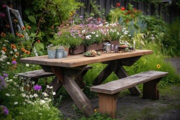 Fototapeta premium rustic picnic table surrounded by blooming flowers, ideal for a romantic evening, created with generative ai