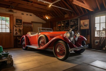 vintage car restored in a home garage, created with generative ai
