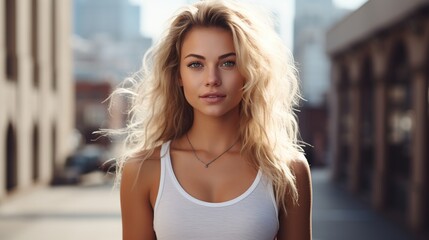 Portrait Body of a girl with big breasts in a white tank top.