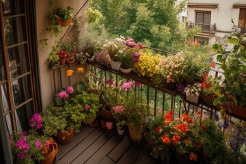 Fototapeta na wymiar balcony garden overflowing with blooms and greenery in spring, created with generative ai