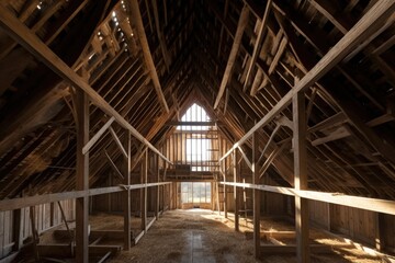 reconstructed barn roof and framework, created with generative ai