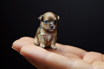 tiny small dog sitting on a finger tip, ai generated