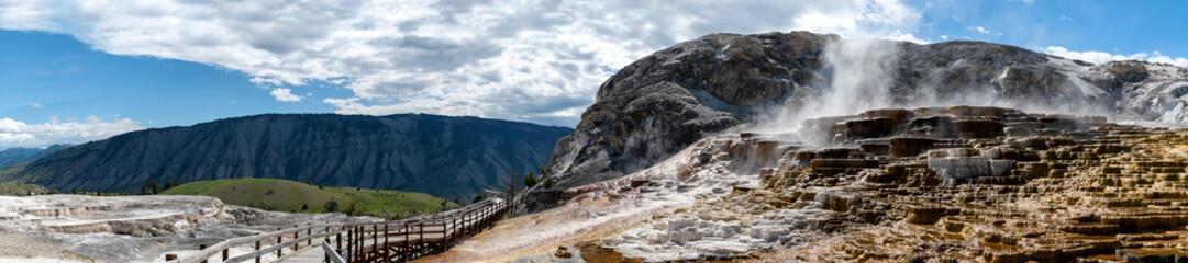 Panorama of Mammoth Springs in Yellowstone National Park during Covid 19 pandemic when there were no visitors