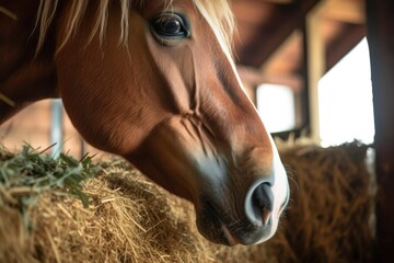 close-up of horse munching hay in stable, created with generative ai - obrazy, fototapety, plakaty
