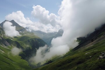 panoramic view of majestic mountains, with clouds rolling through the valley below, created with generative ai