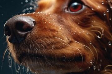 close-up of water droplets flying off dogs fur, created with generative ai