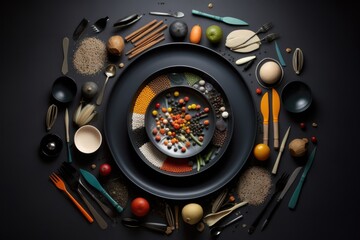 plate with assortment of cooking utensils arranged in an artistic and eye-catching way, created with generative ai