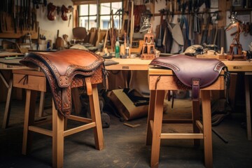 crafted leather saddles on workshop table, created with generative ai