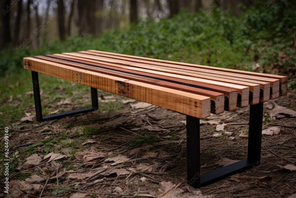 Sticker upscicled bench with upcycled wooden slats and metal legs, created with generative ai