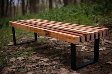 Naklejka premium upscicled bench with upcycled wooden slats and metal legs, created with generative ai