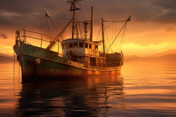 fishing trawler illuminated by the last rays of sunlight, created with generative ai - obrazy, fototapety, plakaty