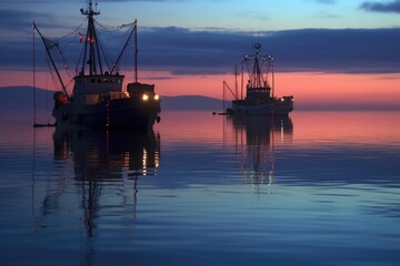 Fototapeta premium trawlers reflection on calm sea surface at twilight, created with generative ai