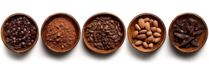 Cocoa beans, chocolate mass, cocoa powder, chocolate bars isolated on white background. Chocolate ingredients in wooden bowls. Generative Ai