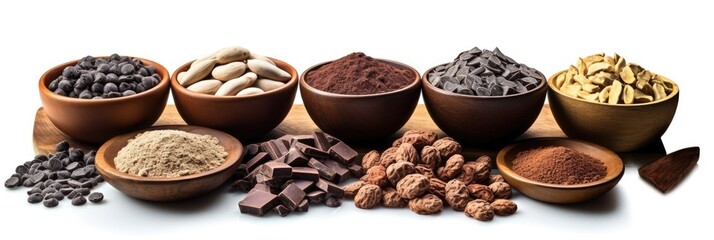Cocoa beans, chocolate mass, cocoa powder, chocolate bars isolated on white background. Chocolate ingredients in wooden bowls. Generative Ai