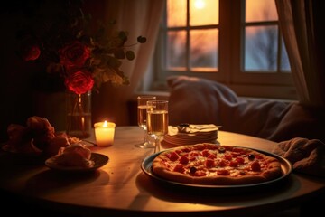 pizza on table with dimmed romantic lighting, created with generative ai