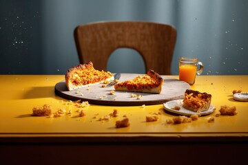 pizza with a missing slice, crumbs on table, created with generative ai