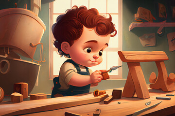 Child is a carpenter. Illustration for a children's magazine or book about different professions of people.